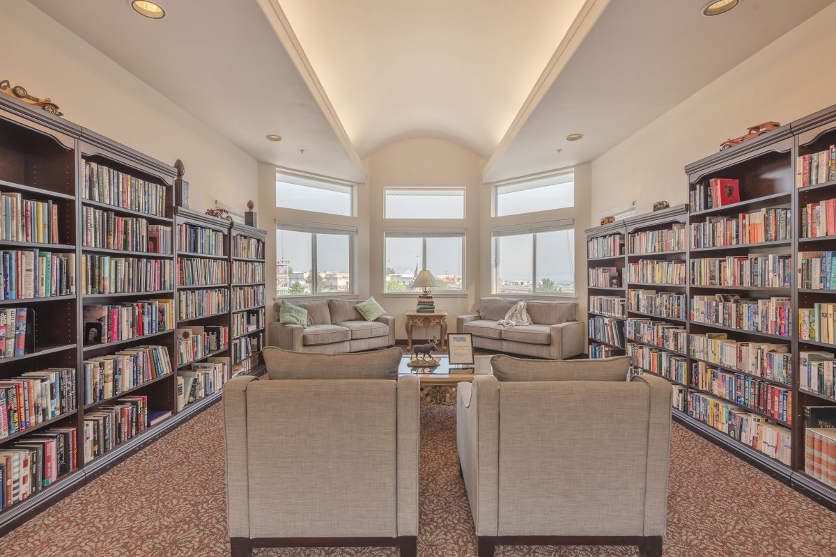 A cozy living room library with bookshelves and comfortable seating.