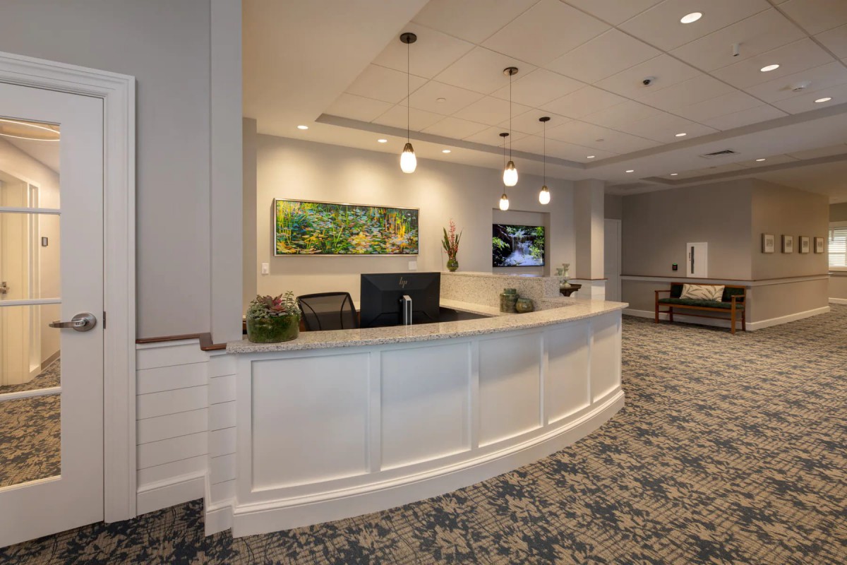 A modern reception area with a curved desk and decorative artwork.