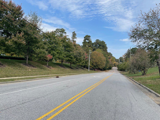 A quiet road lined with trees under a blue sky.