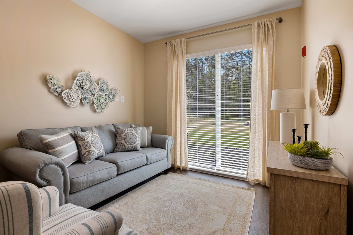 A cozy living room featuring a gray sofa, decorative pillows, and a large window with blinds and curtains.