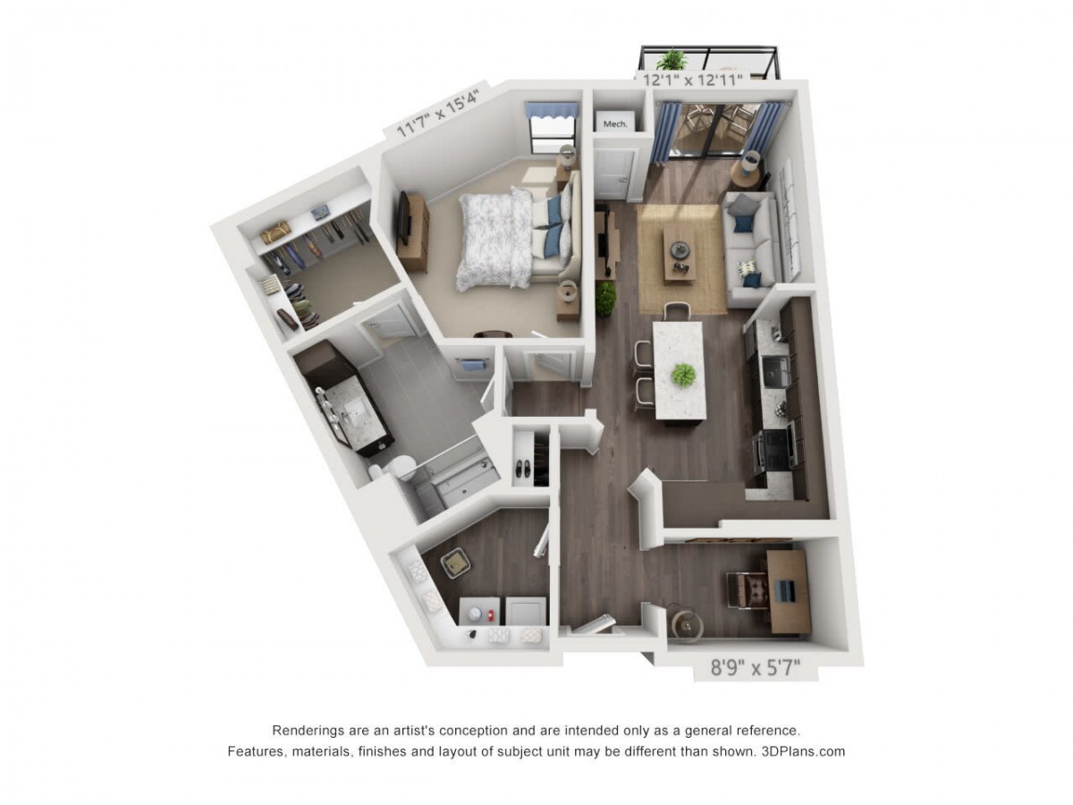 A detailed floor plan illustrating a one-bedroom apartment layout with a kitchen, living room, and bathroom.
