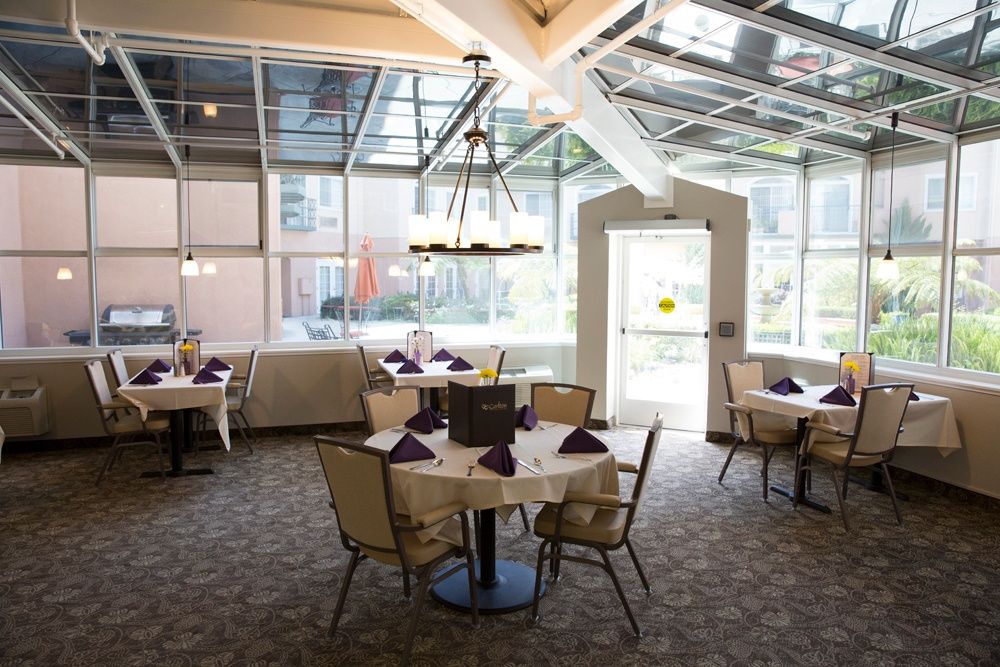 A bright and modern restaurant dining area with neatly set tables and ample natural light.