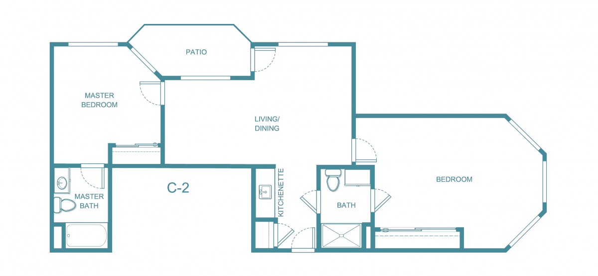 A floor plan of a small apartment featuring a living/dining area, kitchen, bathroom, and patio.
