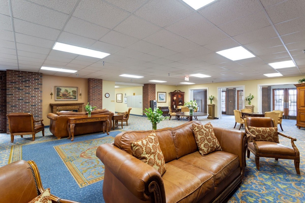 A cozy living room featuring comfortable leather sofas, a patterned carpet, and stylish decor.