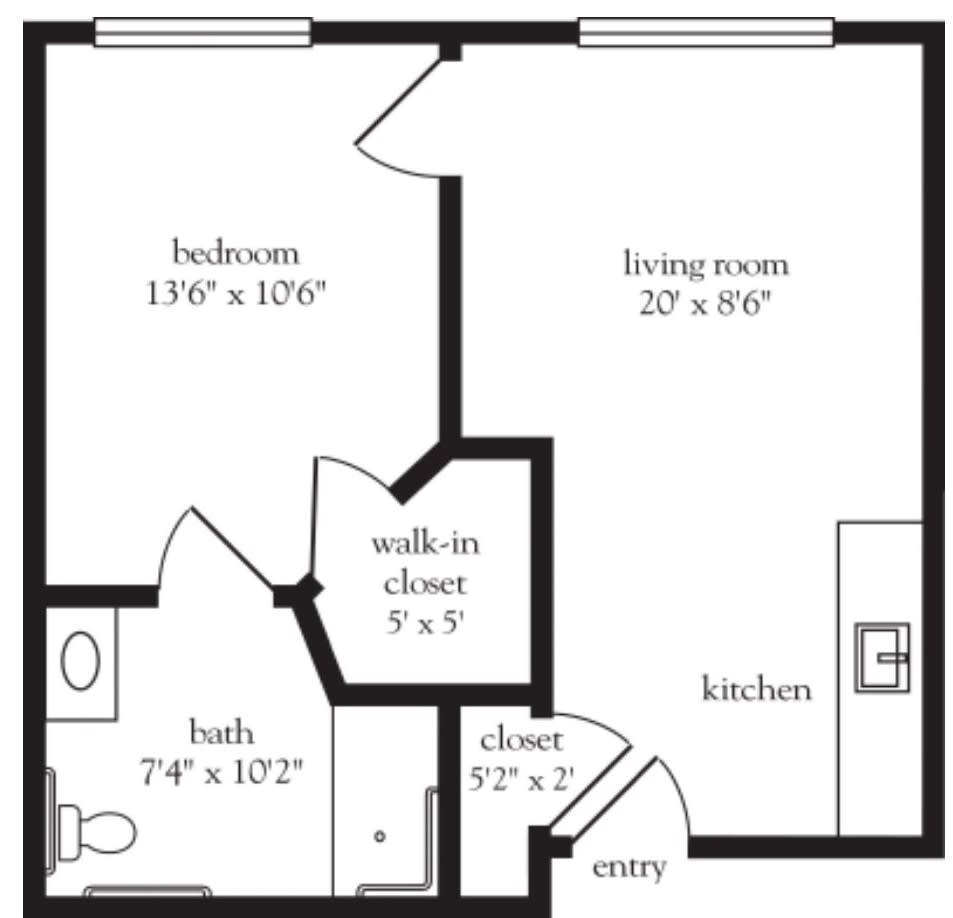 A floor plan of a one-bedroom apartment with labeled room dimensions.