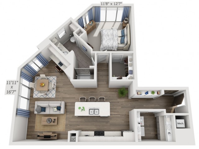 A modern and open-concept apartment floor plan featuring a bedroom, bathroom, kitchen, and living area.