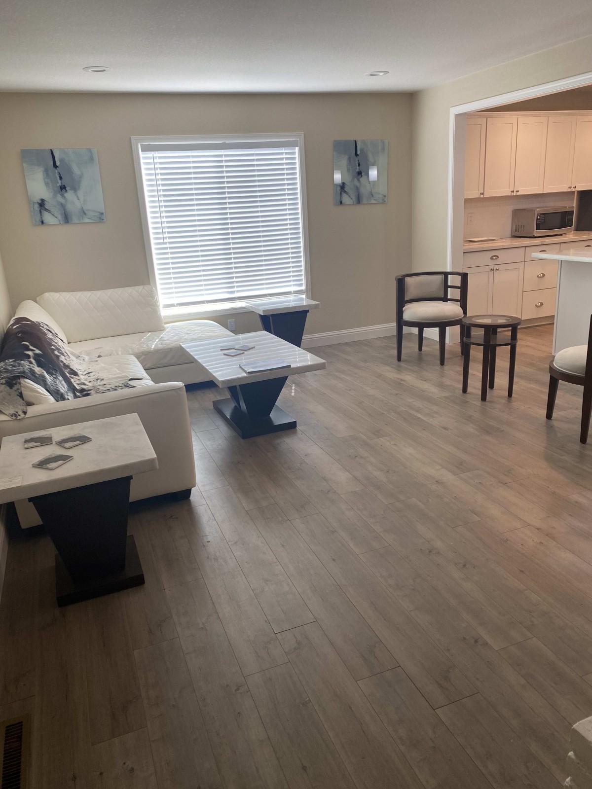 A modern open-concept living room and kitchen with sleek furniture and natural lighting.
