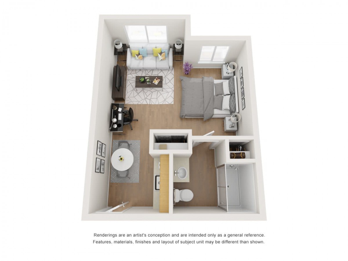 A one-bedroom apartment floor plan featuring a living room, kitchen, bathroom, and bedroom.