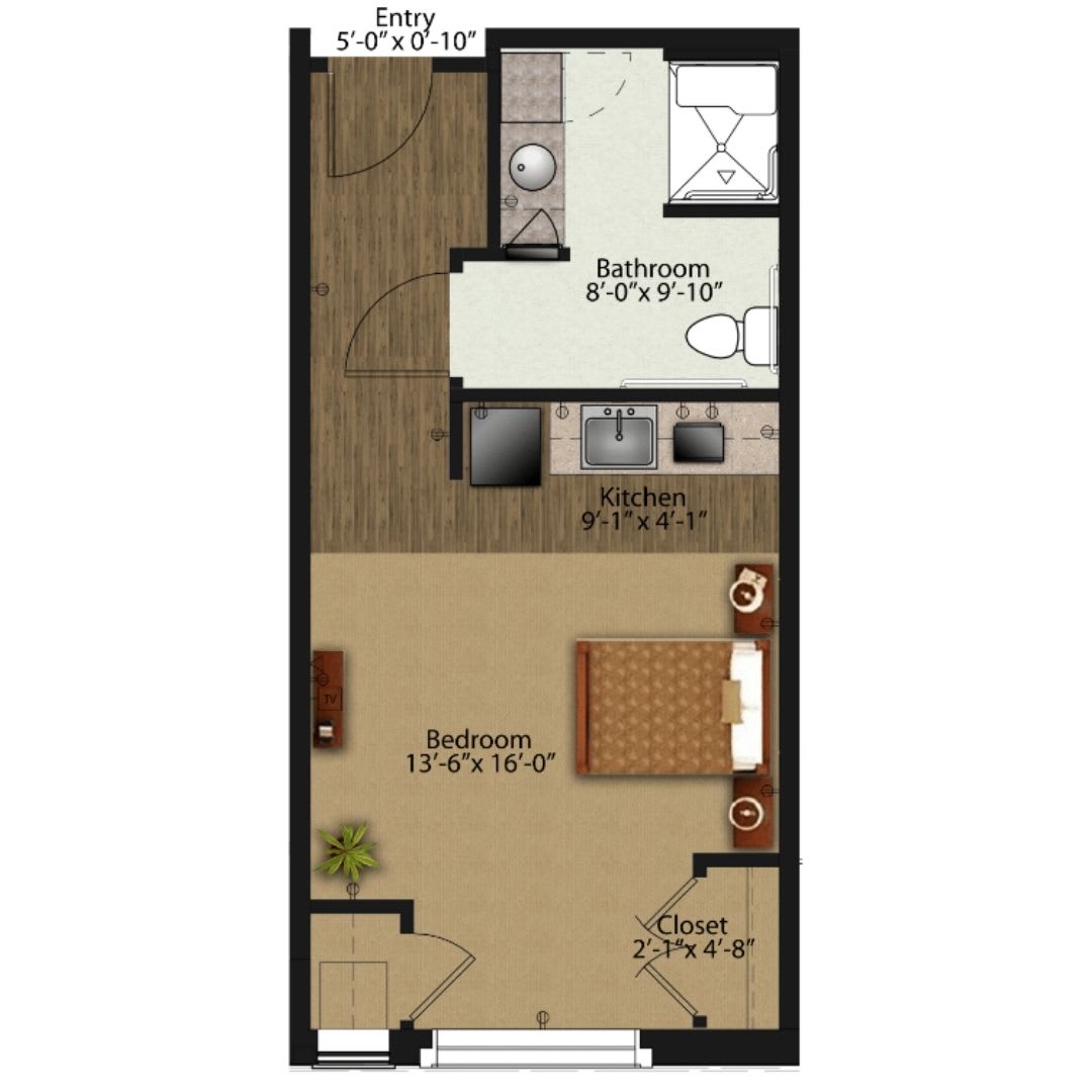 A floor plan of a studio apartment featuring a living area, kitchen, and bathroom.