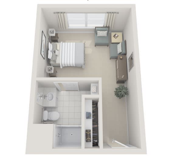 A 3D floor plan of a compact bedroom and bathroom layout with modern furnishings.