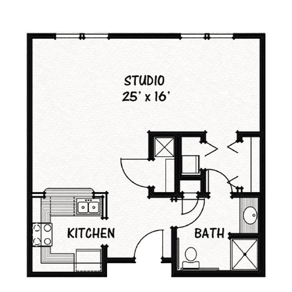 A floor plan of a studio apartment measuring 25' x 16' with a kitchen and bathroom.