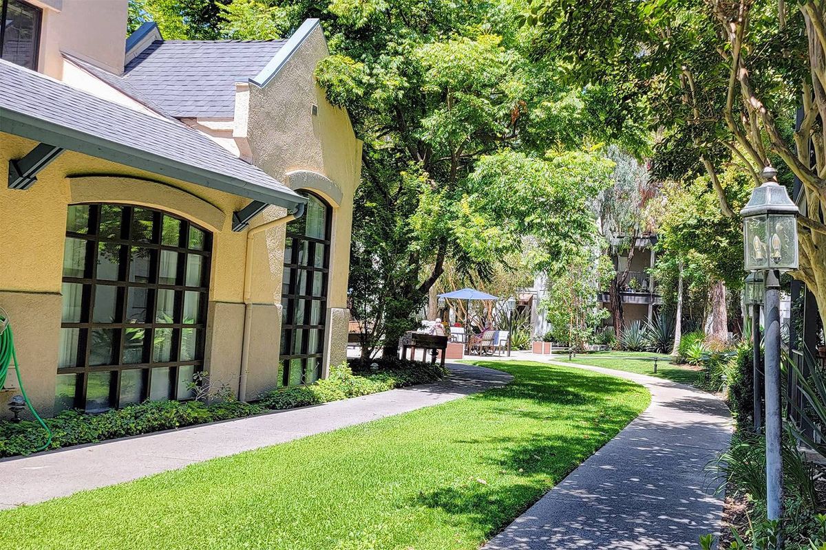 A sunny pathway lined with trees and a building, offering a peaceful outdoor setting.
