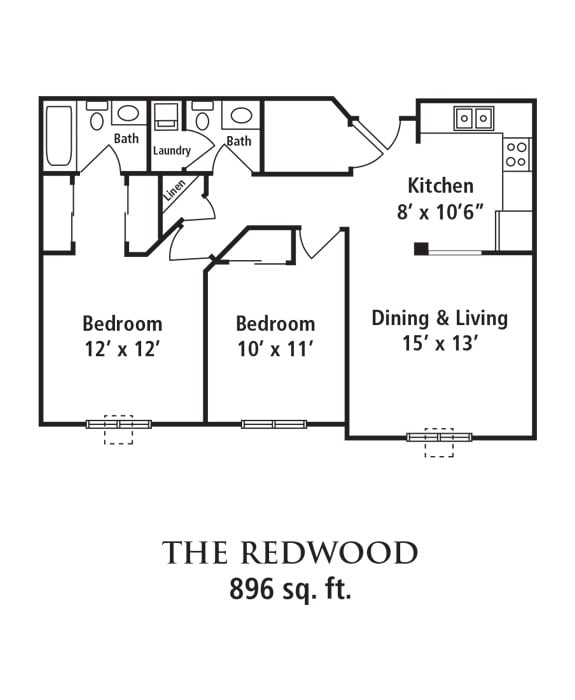 The Redwood apartment floor plan featuring two bedrooms, a kitchen, and a dining/living area.