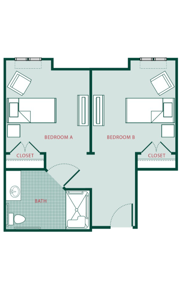 A floor plan depicting a two-bedroom apartment with shared bathroom and closets.