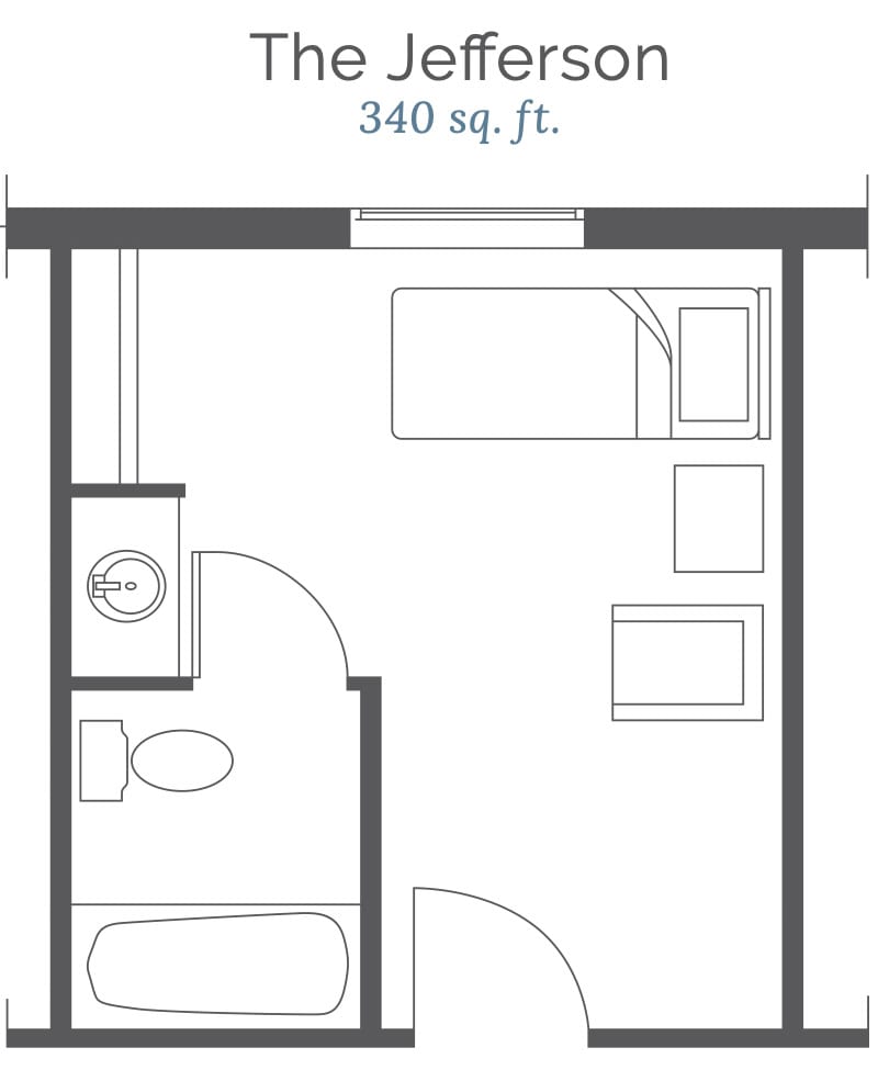 Floor plan of a 340 square foot studio apartment.