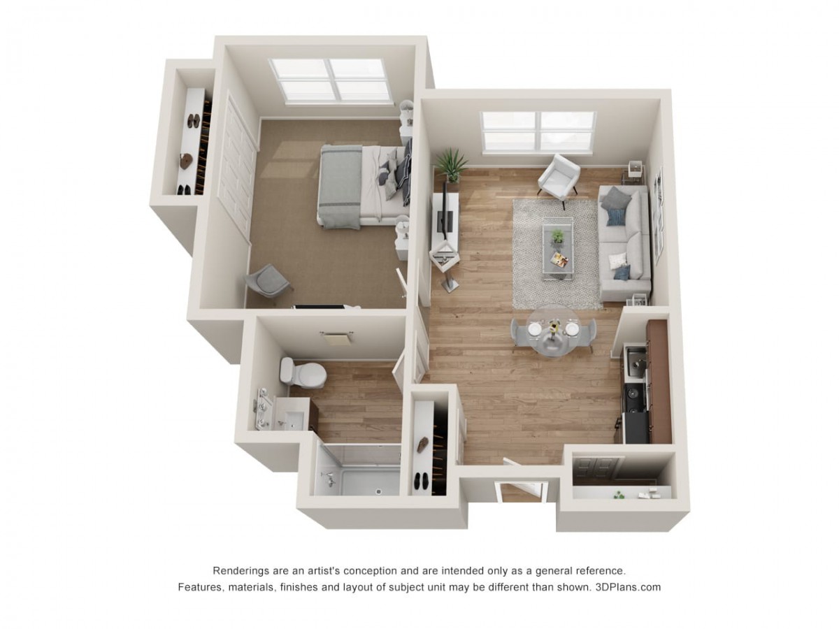 A 3D floor plan of a modern apartment with a living room, kitchen, bedroom, and bathroom.