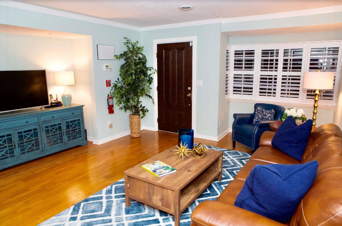 A cozy living room with a leather sofa, wooden coffee table, and indoor plants.