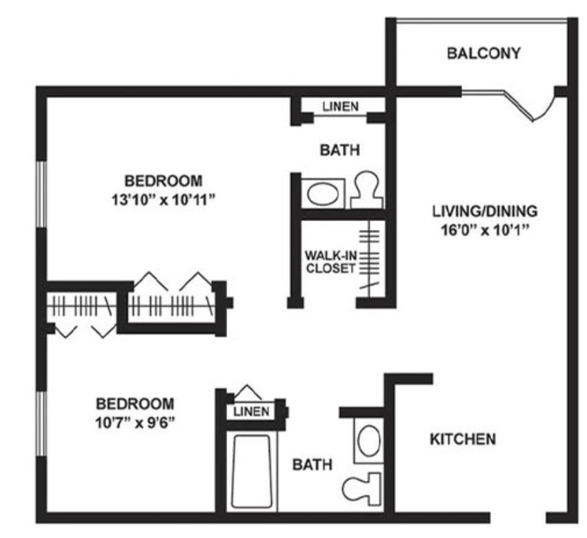 A floor plan of a two-bedroom apartment with a living room, kitchen, balcony, and two bathrooms.