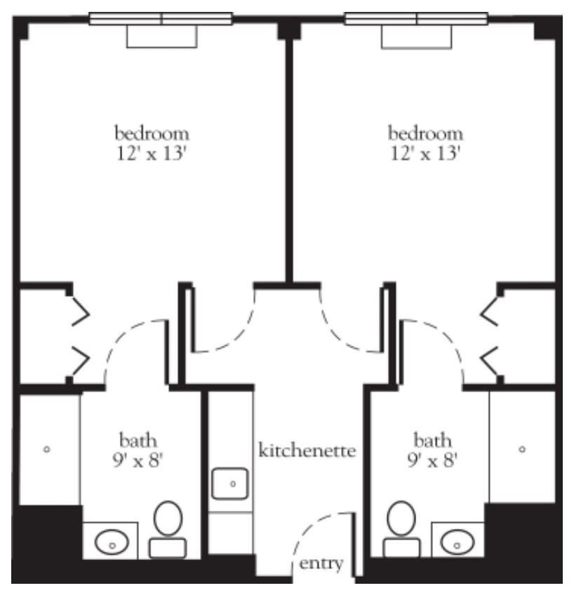 A floor plan featuring two adjacent bedrooms, each measuring 12 x 17 feet, with separate bathrooms and shared closet space.