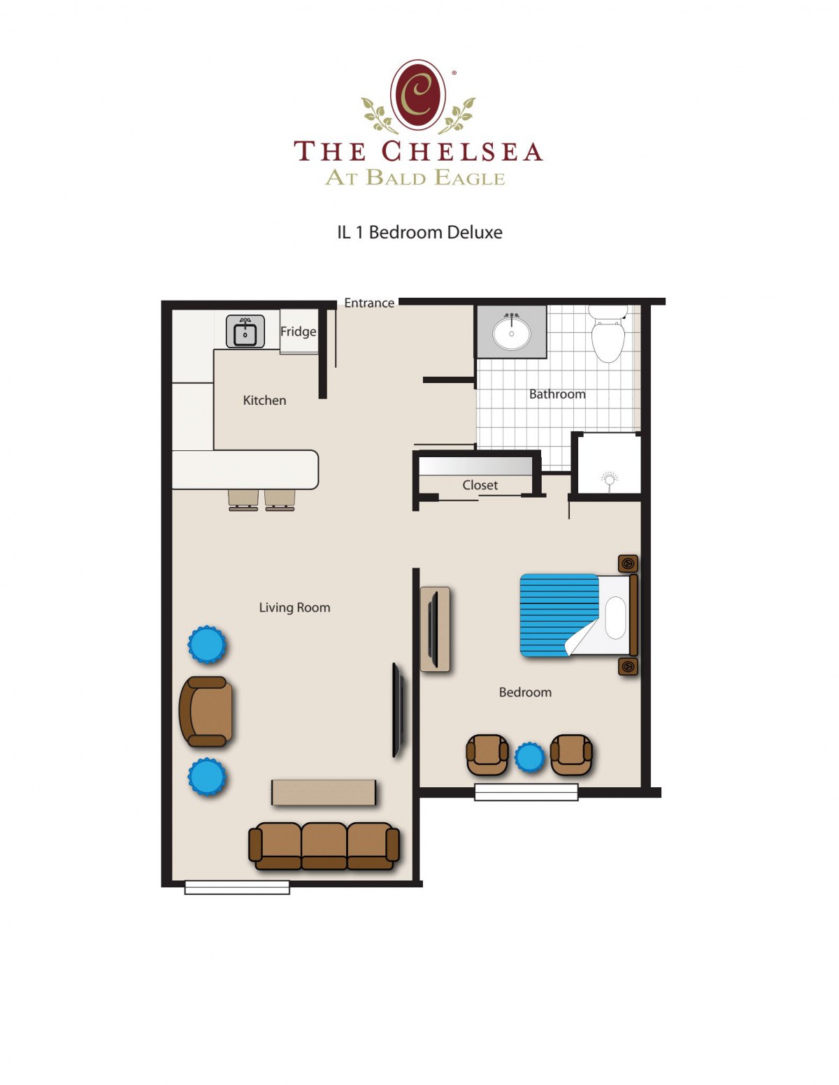 Floor plan of a 1-bedroom apartment at The Chelsea.
