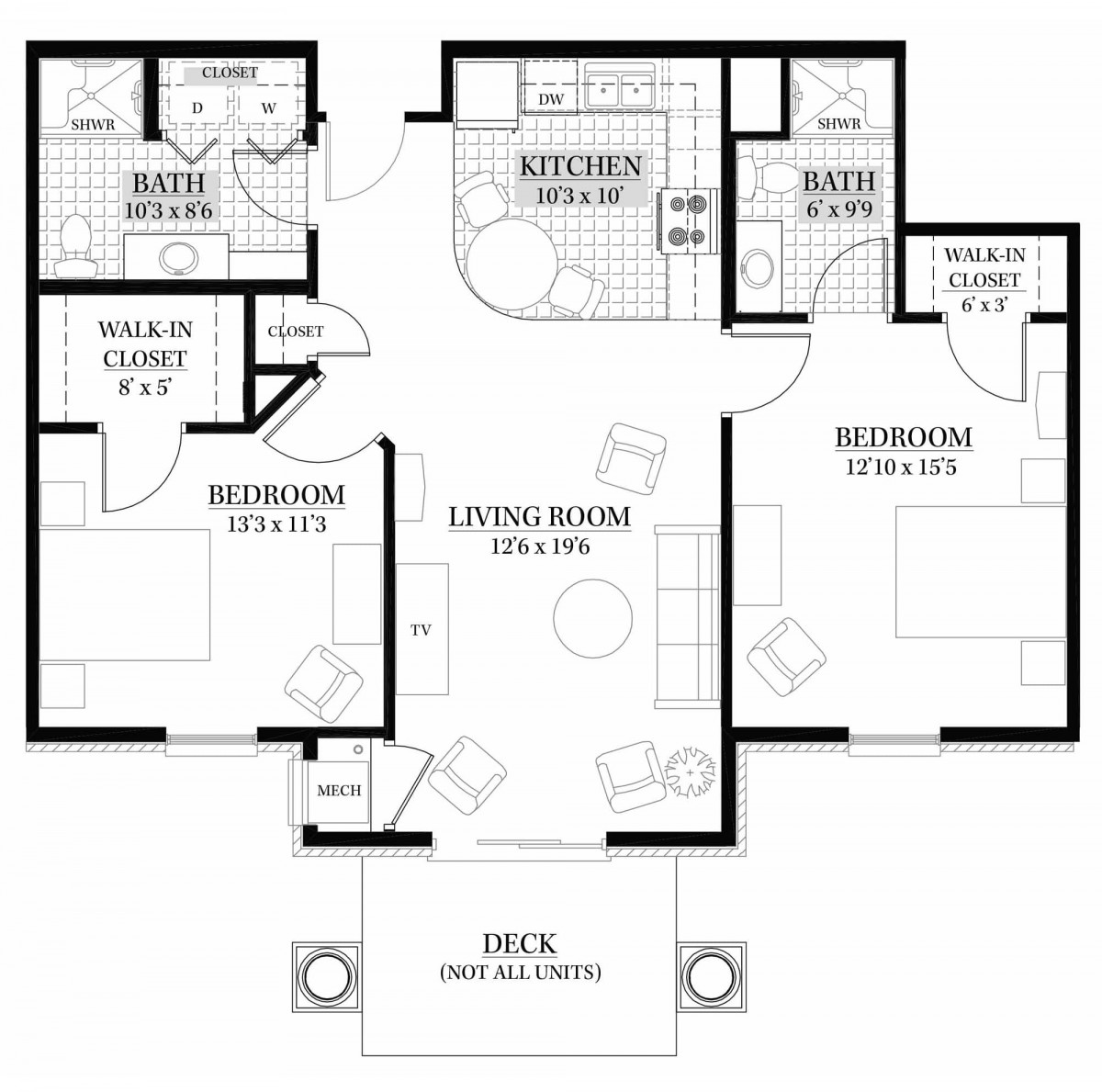 A detailed floor plan of a two-bedroom apartment with a living room, kitchen, two bathrooms, and a deck.