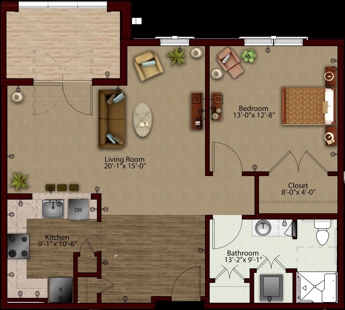 A detailed floor plan of a modern apartment, featuring a living room, kitchen, bedroom, and bathroom.