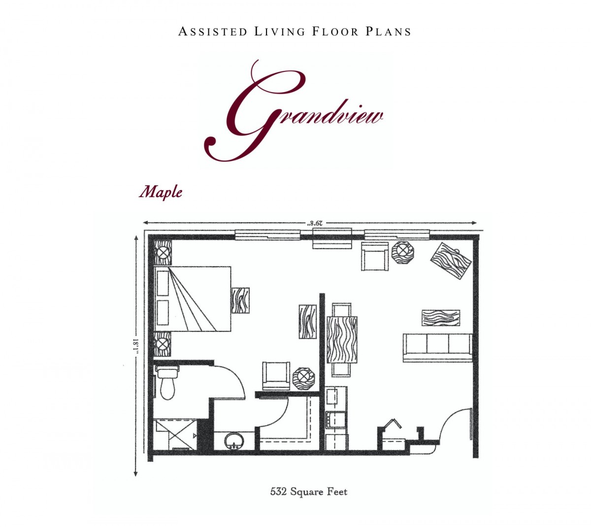 Floor plan of a studio apartment labeled 'Grenadine' with a living area, kitchen, and bathroom.