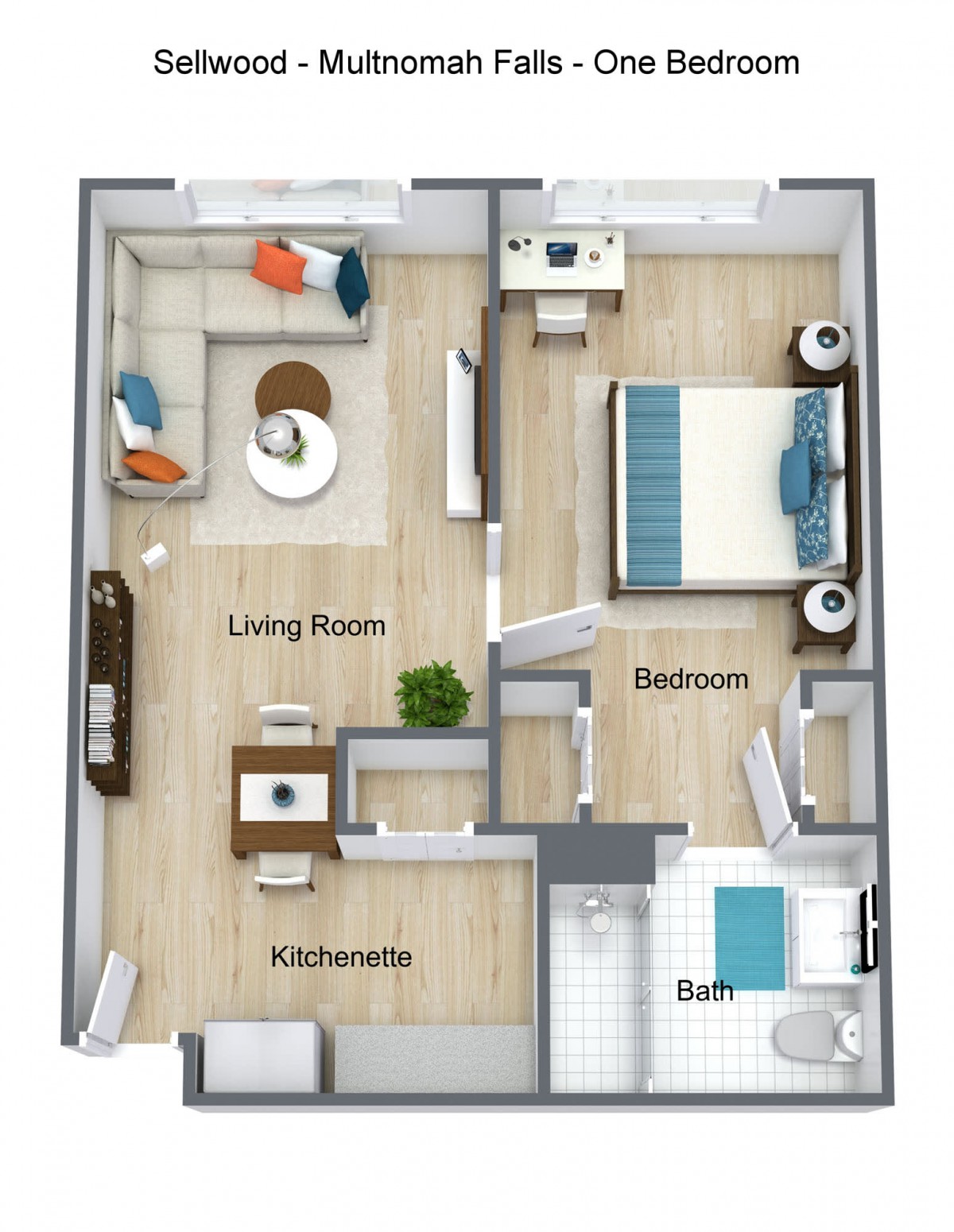 A modern one-bedroom apartment floor plan with a living room, kitchenette, and bathroom.