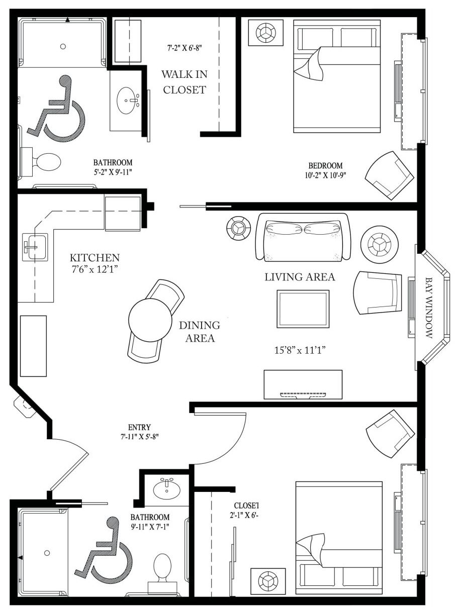 A detailed floor plan of an apartment including the living area, kitchen, dining area, and bathroom.