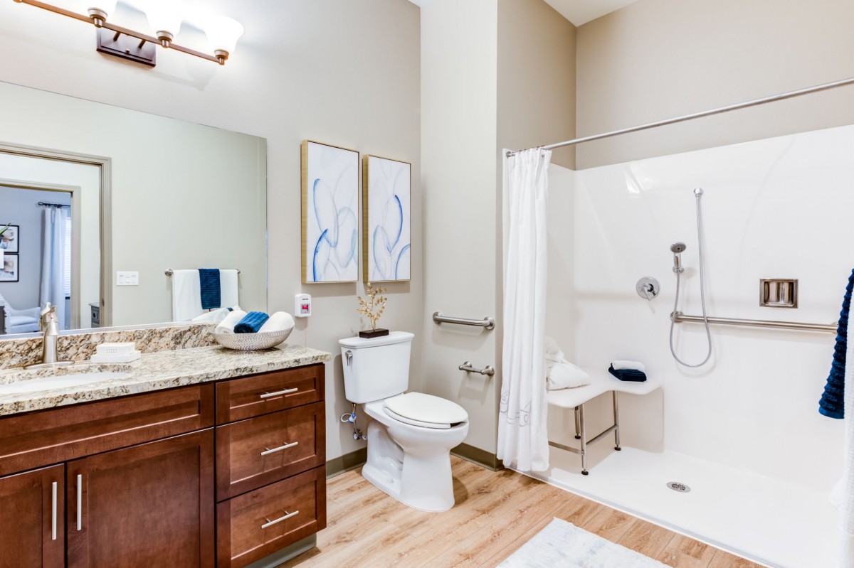 A modern and accessible bathroom with a shower, toilet, and sink.
