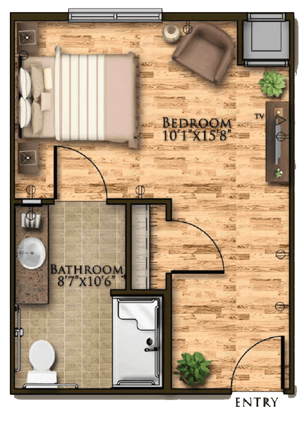 This is a floor plan showing a one-bedroom apartment layout with a bathroom.