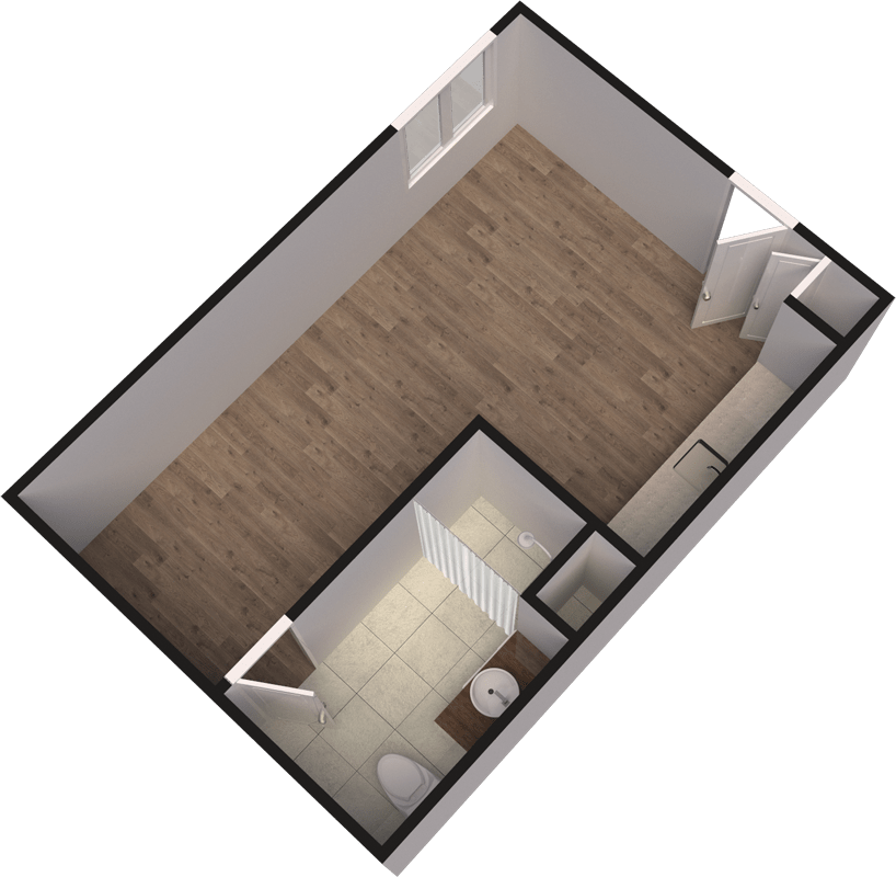 A 3D floor plan depicting an empty room with wooden flooring and an adjacent bathroom.