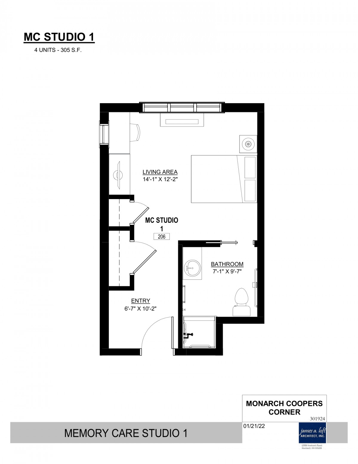 Studio apartment floor plan with living area and bathroom.