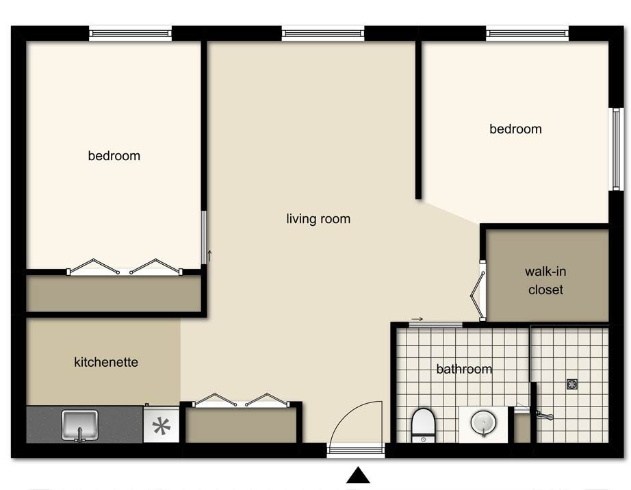 A floor plan of a two-bedroom apartment featuring a living room, kitchen, bathroom, and walk-in closet.