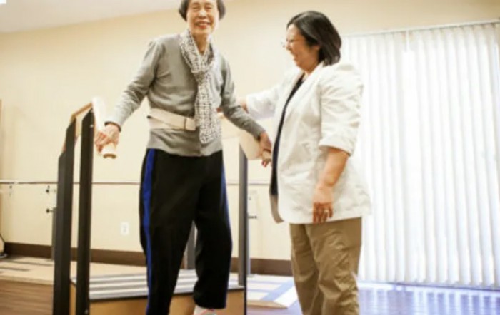A patient undergoing physical therapy with the assistance of a healthcare professional.
