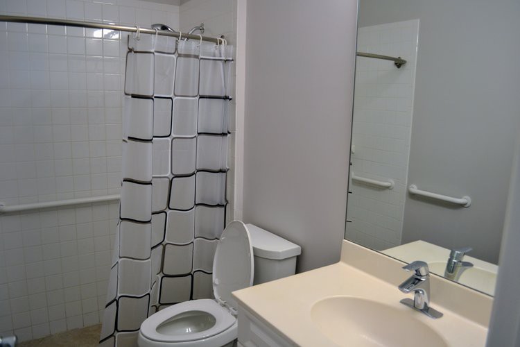 A clean bathroom featuring a shower with a patterned curtain, a toilet, and a sink with a mirror.