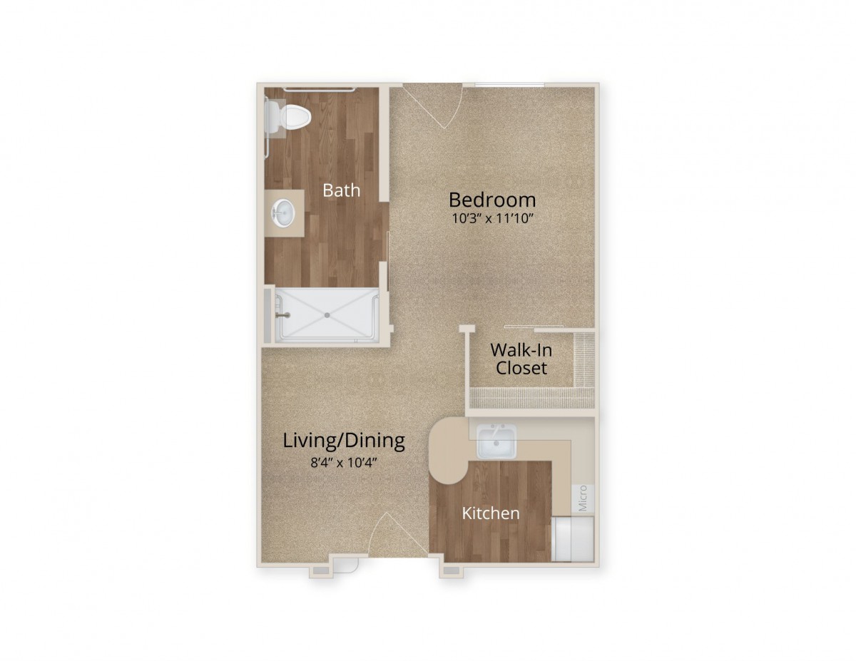 One-bedroom apartment floor plan with living/dining area, kitchen, bathroom, and walk-in closet.