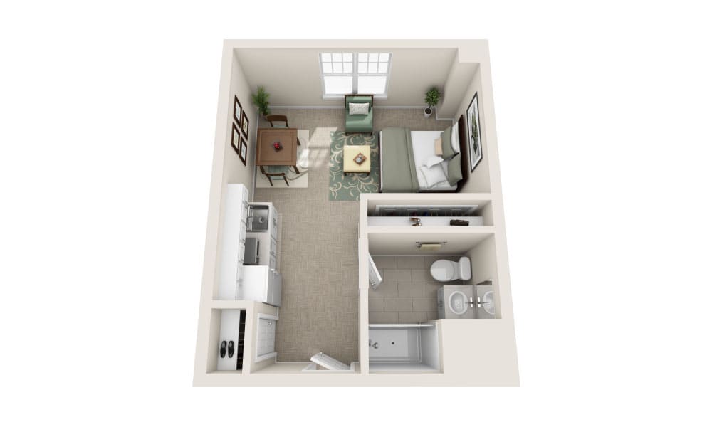 A 3D floor plan of a compact studio apartment with a living area, kitchen, bedroom, and bathroom.