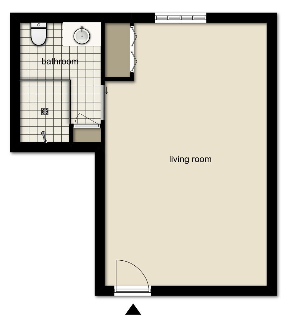 A simple floor plan showing a living room and a bathroom.
