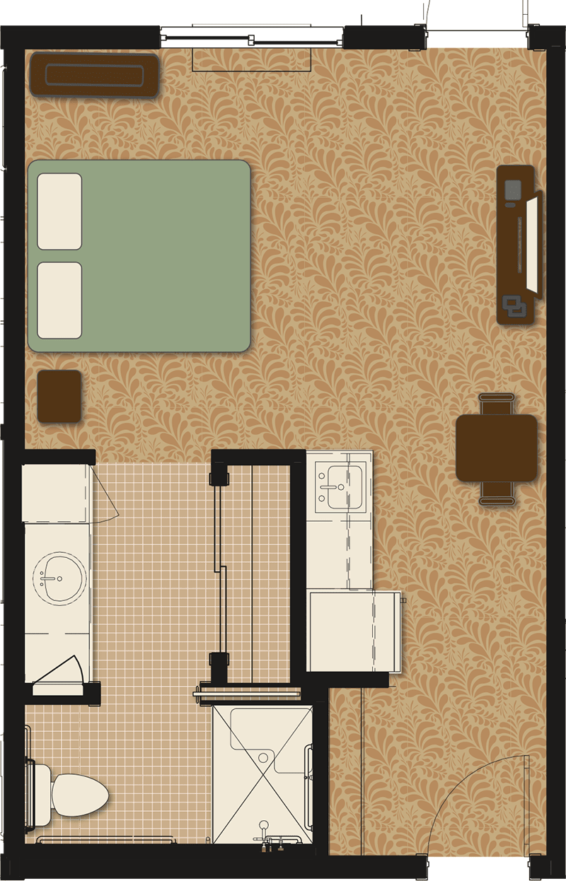 Minimalist apartment floor plan featuring a bedroom, living area, and kitchen.