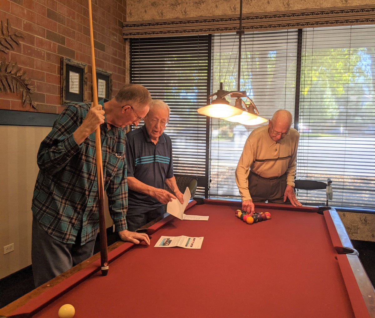 A group of elderly men gathered around a pool table engaged in discussion.