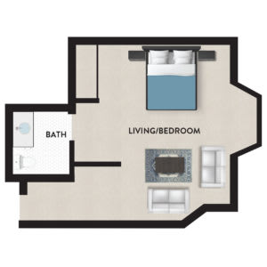 A floor plan of a studio apartment showing a combined living and bedroom area with an adjoining bathroom.