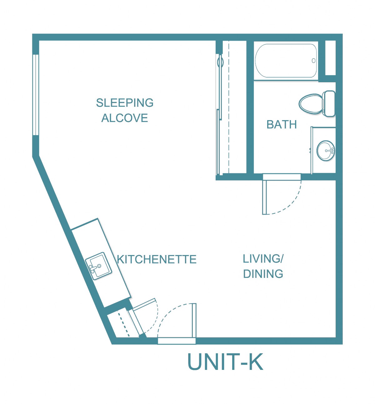 Floor plan of Unit-K, featuring a sleeping alcove, kitchenette, living/dining area, and bath.