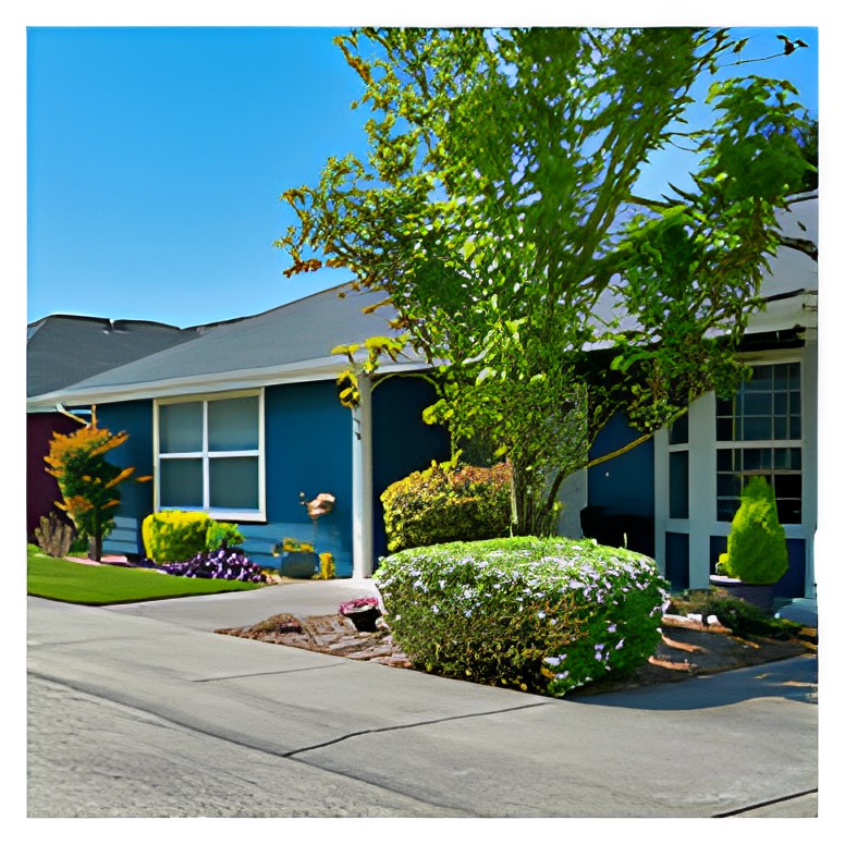 A suburban residential house with a well-maintained garden and a blue exterior.