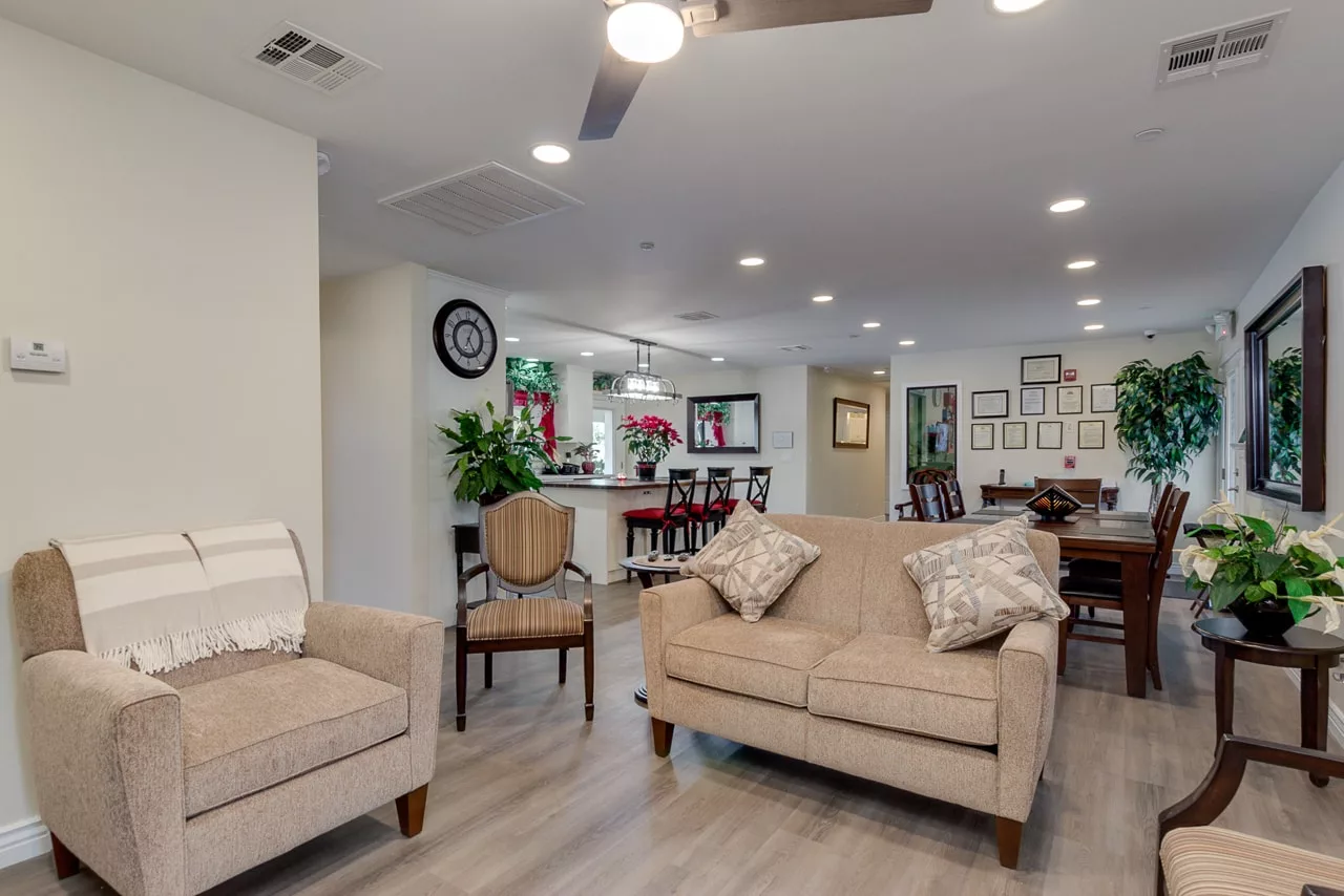 A modern open-concept living space featuring comfortable seating and stylish decor.