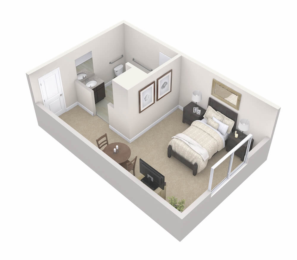 A 3D floor plan of a studio apartment featuring a bedroom, living area, and kitchenette.