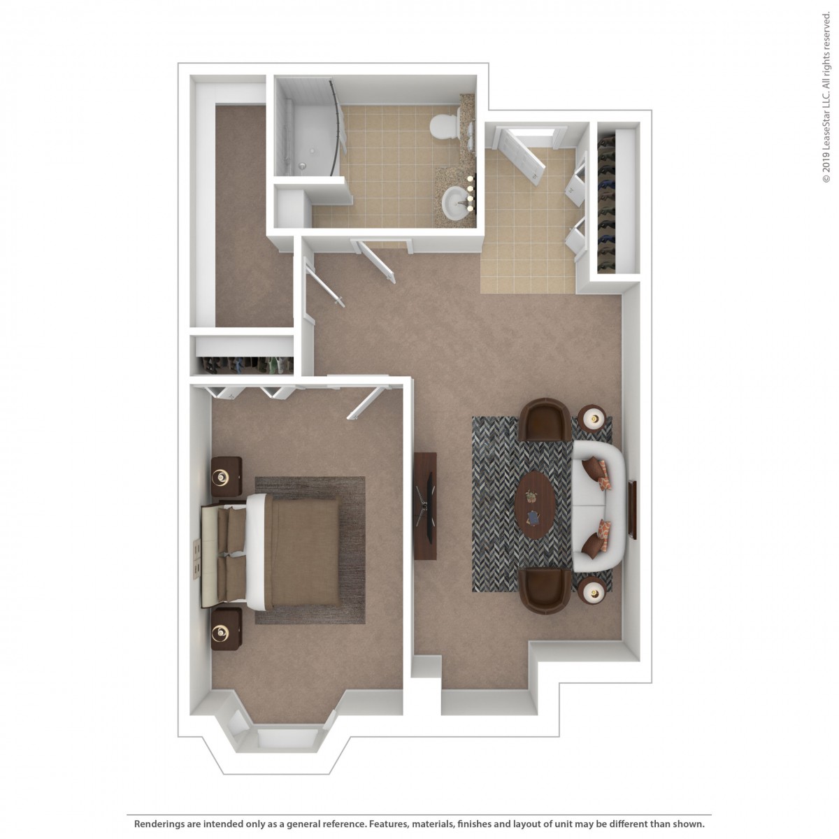 A 3D rendered floor plan of an apartment with visible living and bathroom areas.