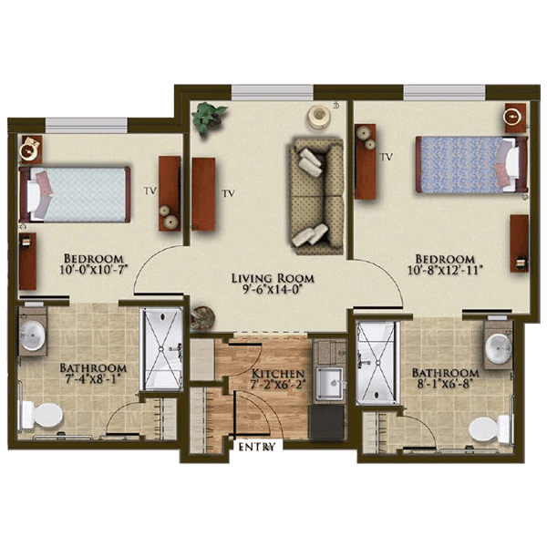 A floor plan depicting a two-bedroom apartment with a central living room and two bathrooms.
