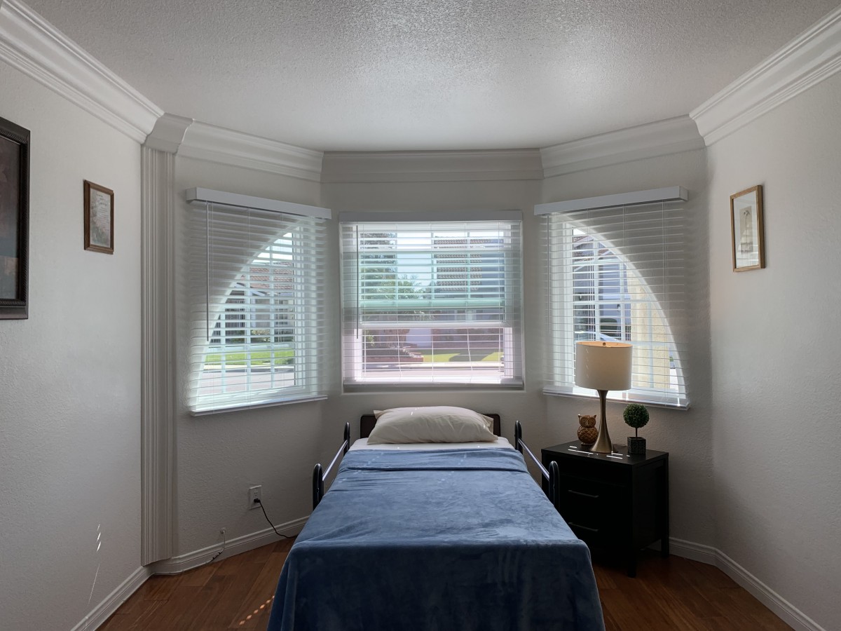 A minimalist bedroom with a single bed, surrounded by large windows letting in natural light.