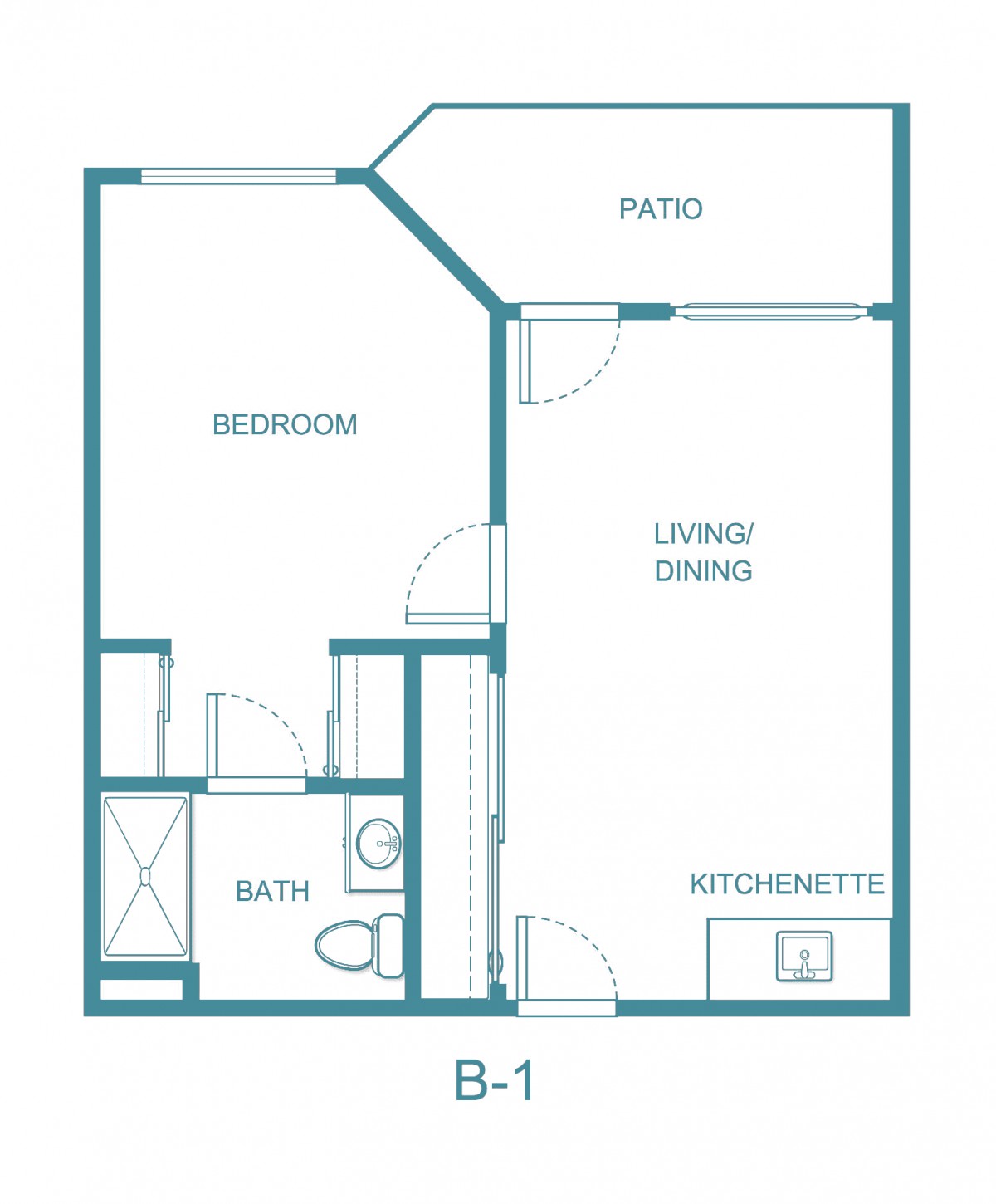 A floor plan of a one-bedroom apartment with a living/dining area, kitchenette, bathroom, and patio.